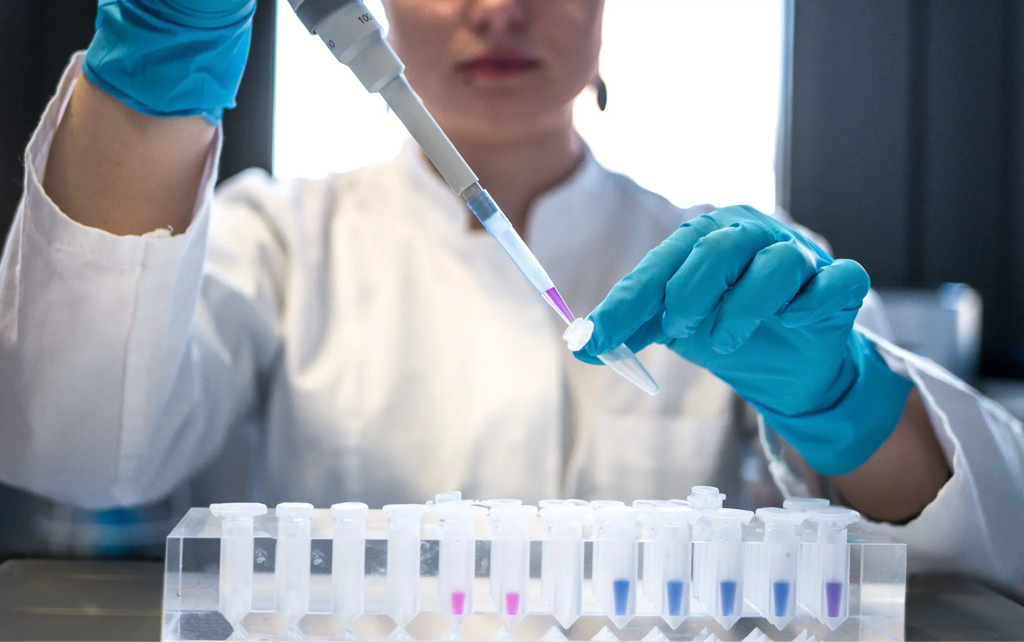Lab technician using a pipette and microcentrifuge tubes in a testing lab for functional health analysis