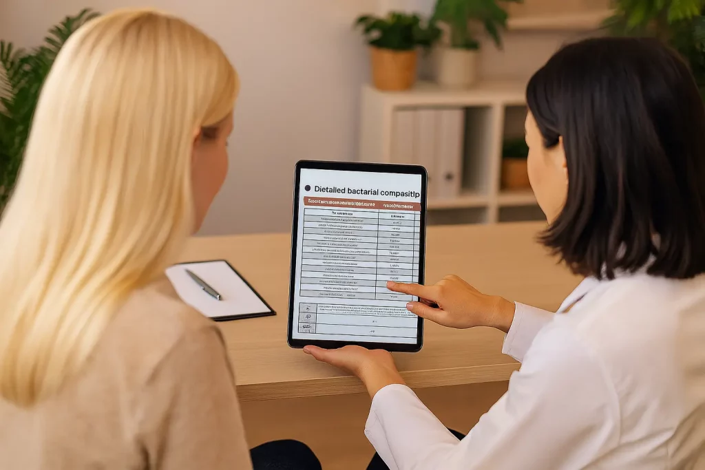 Lucy Clarke, Registered Nutritional Therapist, explaining personalised functional test results to a client during a Precision Nutrition consultation in Inverness.