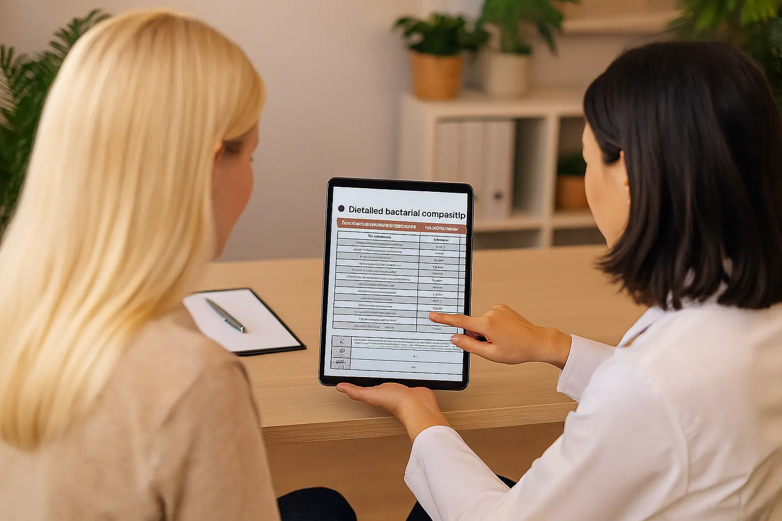 Lucy Clark Acupuncture functional testing consultation, showing a practitioner explaining detailed bacterial compatibility results on a tablet to a client in a professional office setting.