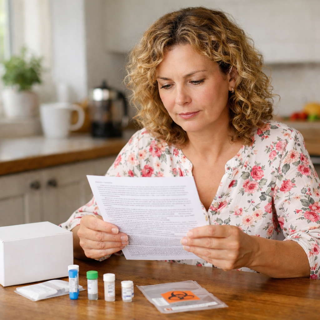 A woman in her 40s with curly blond hair sits at her kitchen table in the morning, reviewing a saliva-based functional test kit. She holds a piece of paper and looks quietly focused. Small labelled tubes and packaging sit nearby. The soft natural light and calm setting reflect a real-life moment of taking charge of fatigue and low energy.