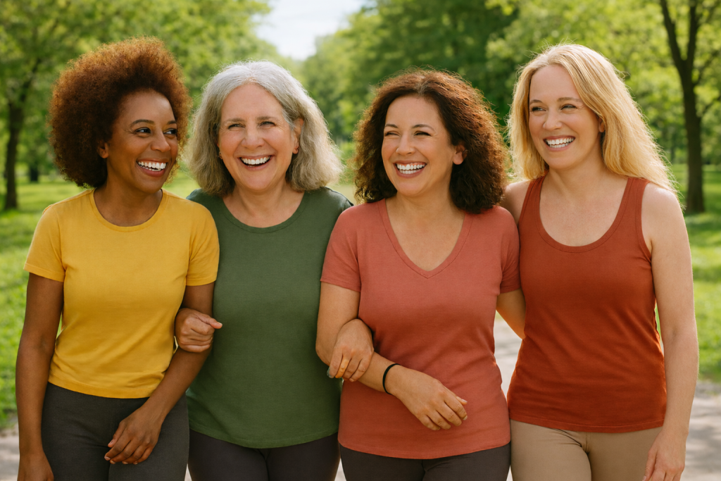 Four women aged 40–60 walk arm-in-arm along a leafy park path in golden sunlight. Two have greying hair and natural signs of aging, while the others are younger. Their curly and textured hairstyles reflect individuality and confidence. They wear comfortable activewear and smile warmly, radiating strength, connection, and empowerment during perimenopause.