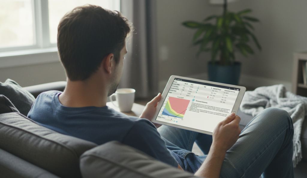 A man in jeans and a t-shirt sits on a sofa, viewed from behind, holding an iPad that displays a graph titled “Cortisol spike & low blood sugar.” The graph shows a cortisol spike at 3am and a blood sugar dip at 4am. The room is softly lit with natural morning light, evoking the quiet reality of disrupted sleep and early fatigue.
