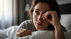 A tired woman waking up in a softly lit bedroom, rubbing her eyes under a white duvet, capturing the feeling of morning fatigue and disrupted sleep.