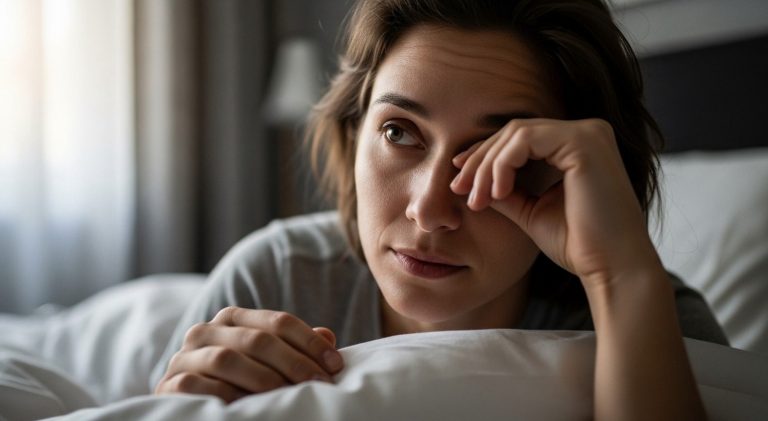 A tired woman waking up in a softly lit bedroom, rubbing her eyes under a white duvet, capturing the feeling of morning fatigue and disrupted sleep.