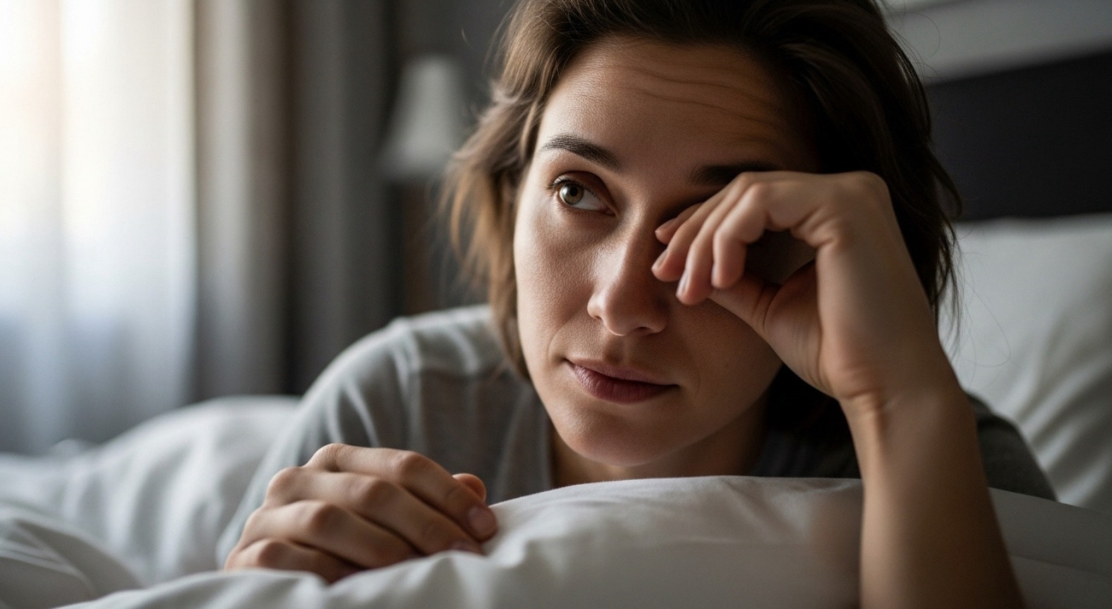 A tired woman waking up in a softly lit bedroom, rubbing her eyes under a white duvet, capturing the feeling of morning fatigue and disrupted sleep.