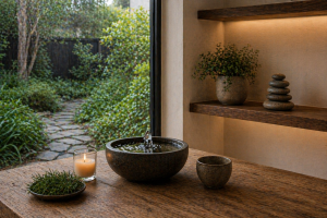 A calming indoor–outdoor scene with a wooden table, a small water fountain bowl, a candle, and greenery outside, creating a peaceful, restorative atmosphere for whole body health.