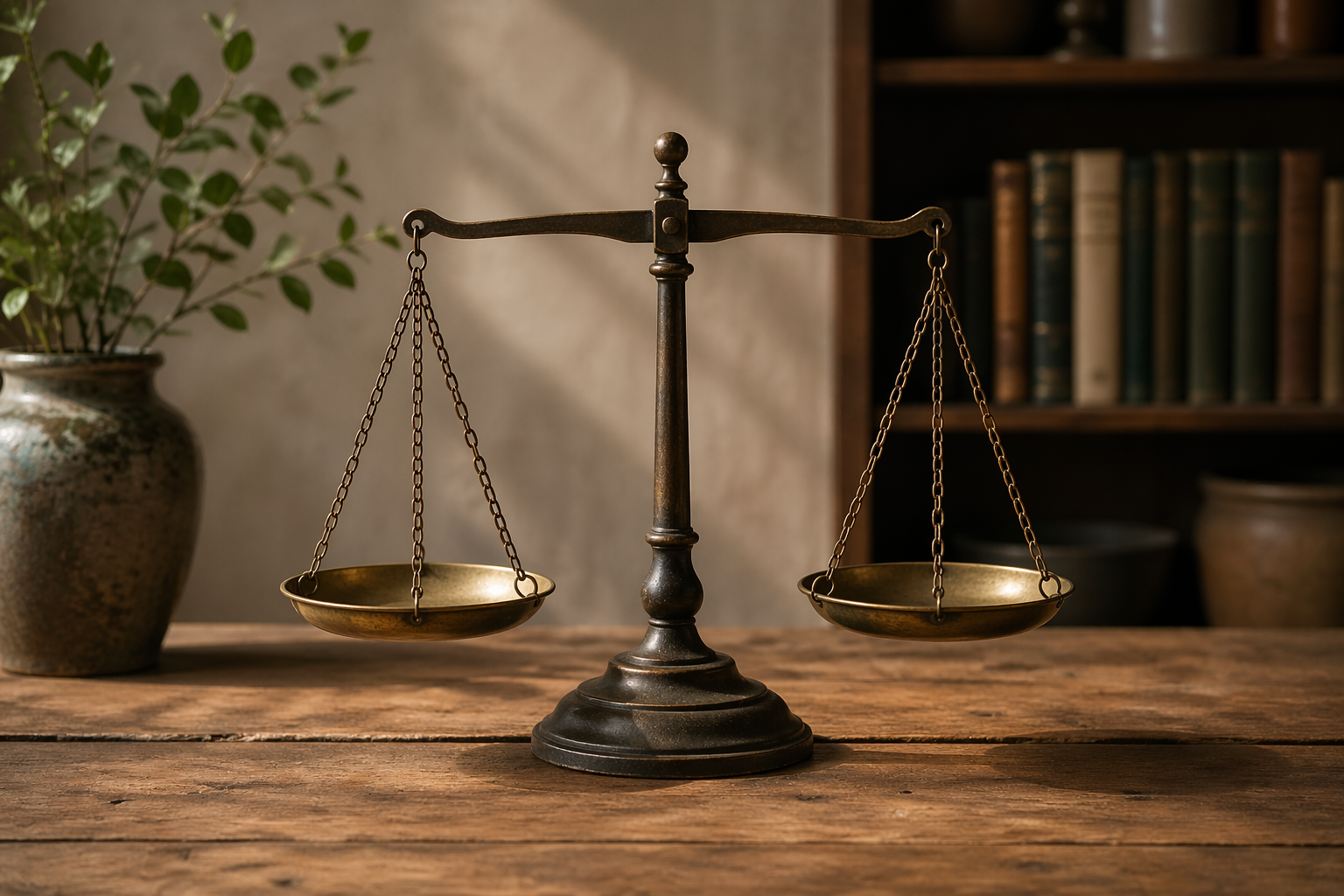 Vintage brass balance scales standing evenly on a rustic wooden table, with soft natural light, bookshelves, and a leafy plant in the background, symbolising balance, choice, and finding the right health approach.