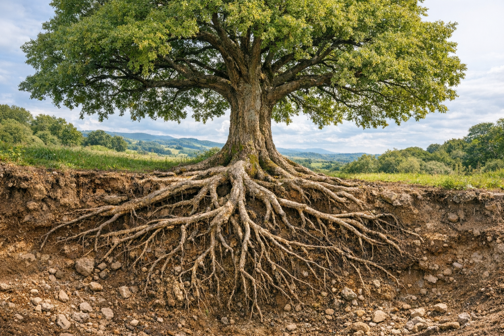 A tree illustration showing branches above ground and roots below, used to explain the Ben and Biao concept in acupuncture — the relationship between symptoms and underlying patterns.