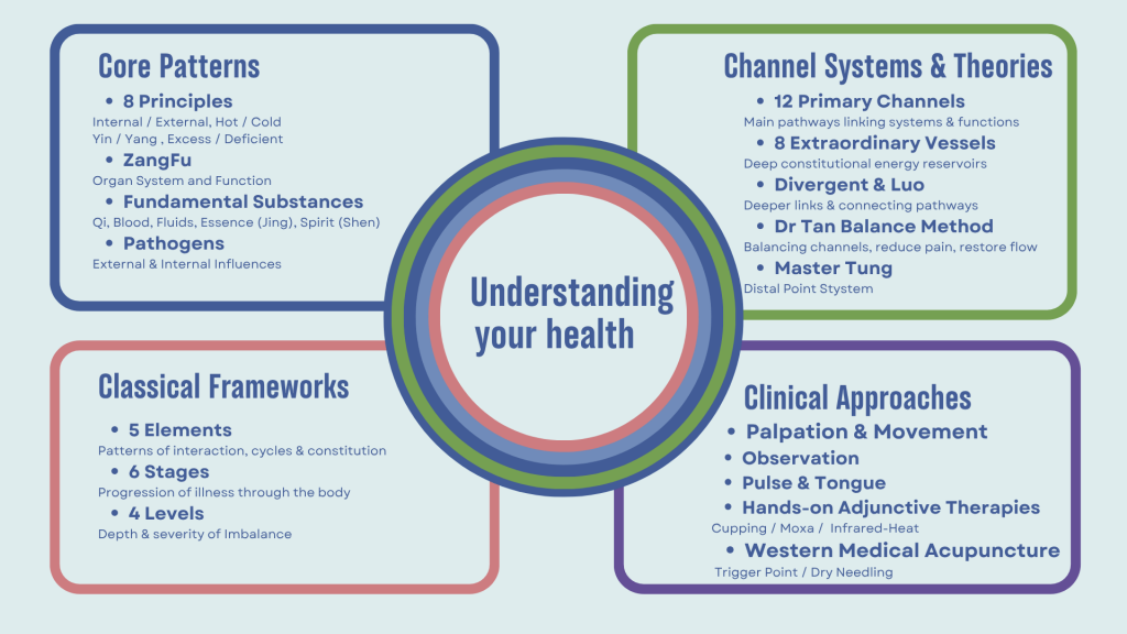An infographic outlining the different acupuncture systems used in my clinic, showing how various styles and frameworks guide personalised treatment.